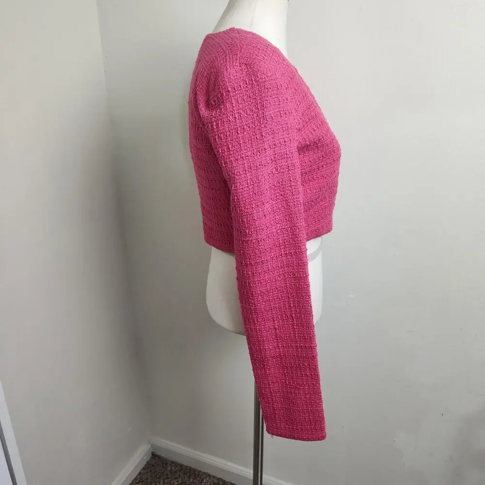 Zara Blouse Womens Medium Pink Cropped V Neck Rhinestone Button Long Sleeve NWT